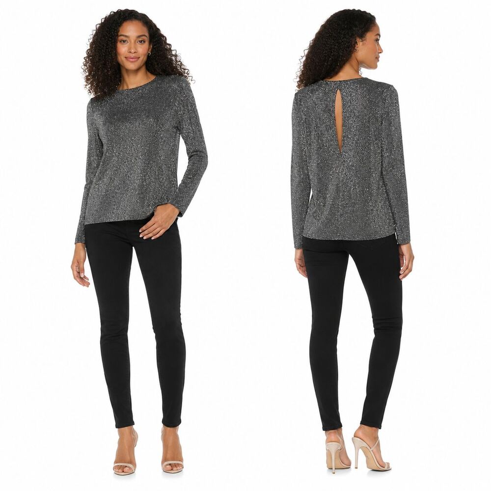 & Other Stories Metallic Lurex Knit Top US 4 Gray Silver Long Sleeve Keyhole